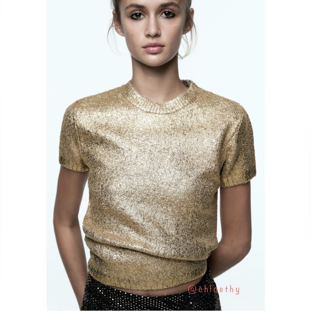 Zara Foil Knit Gold Short Sleeve Top